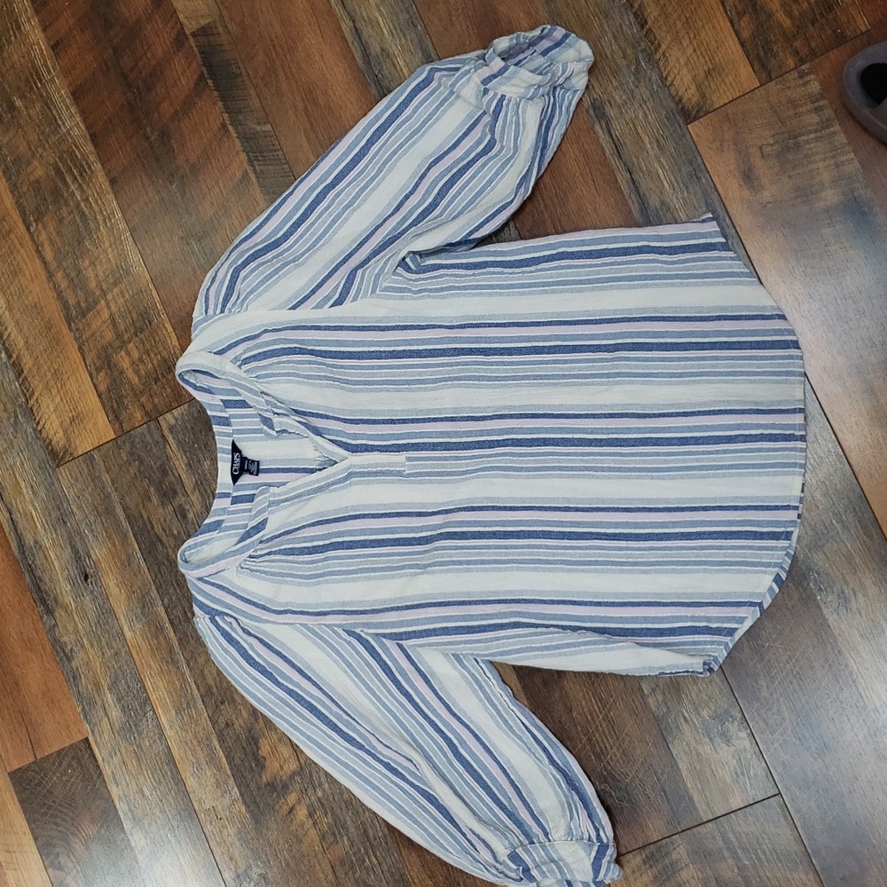 Chaps Blue and Cream Striped 3/4 Sleeve Split Neck Popover Blouse, Size Small